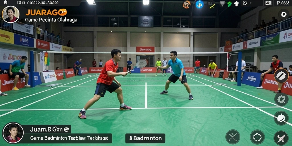 Screenshot JUARAGO menampilkan antarmuka permainan badminton yang menarik.